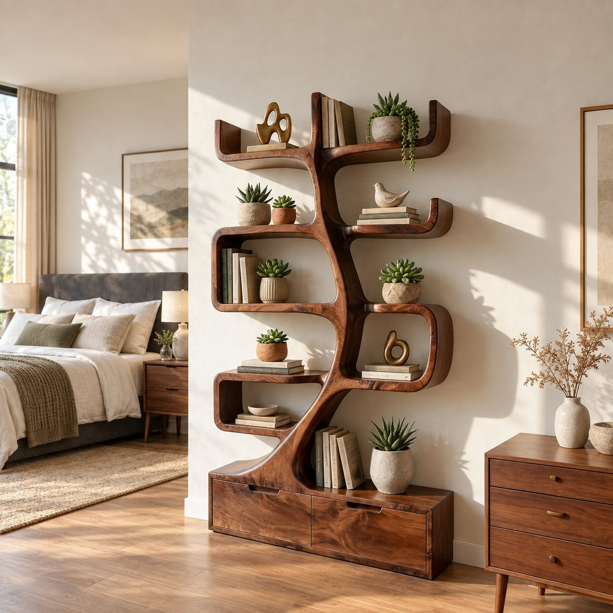 Tree Bookshelf with Drawer Base, Curving Trunk Bookcase with Curled Shelves for Living Room
