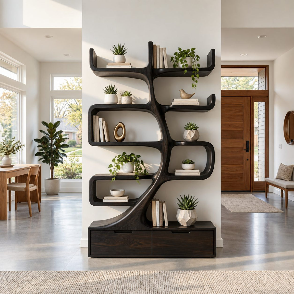 Tree Bookshelf with Drawer Base, Curving Trunk Bookcase with Curled Shelves for Living Room