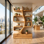 Tree Bookshelf with Drawer Base, Curving Trunk Bookcase with Curled Shelves for Living Room