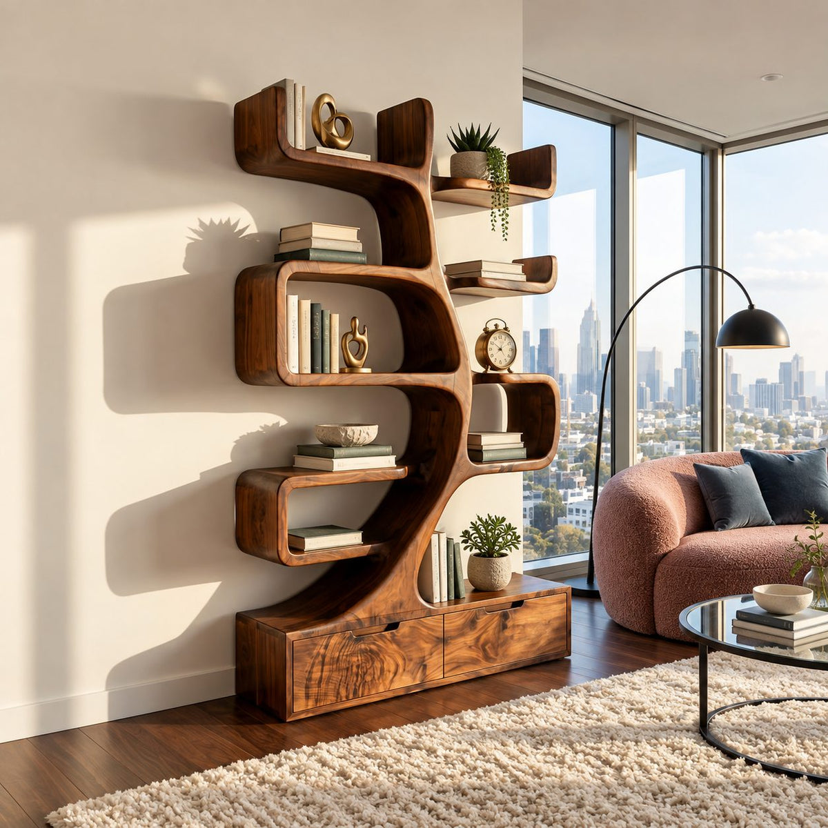 Tree Bookshelf with Drawer Base, Curving Trunk Bookcase with Curled Shelves for Living Room