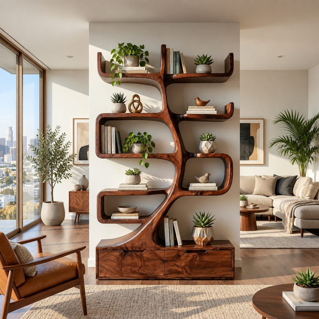 Tree Bookshelf with Drawer Base, Curving Trunk Bookcase with Curled Shelves for Living Room