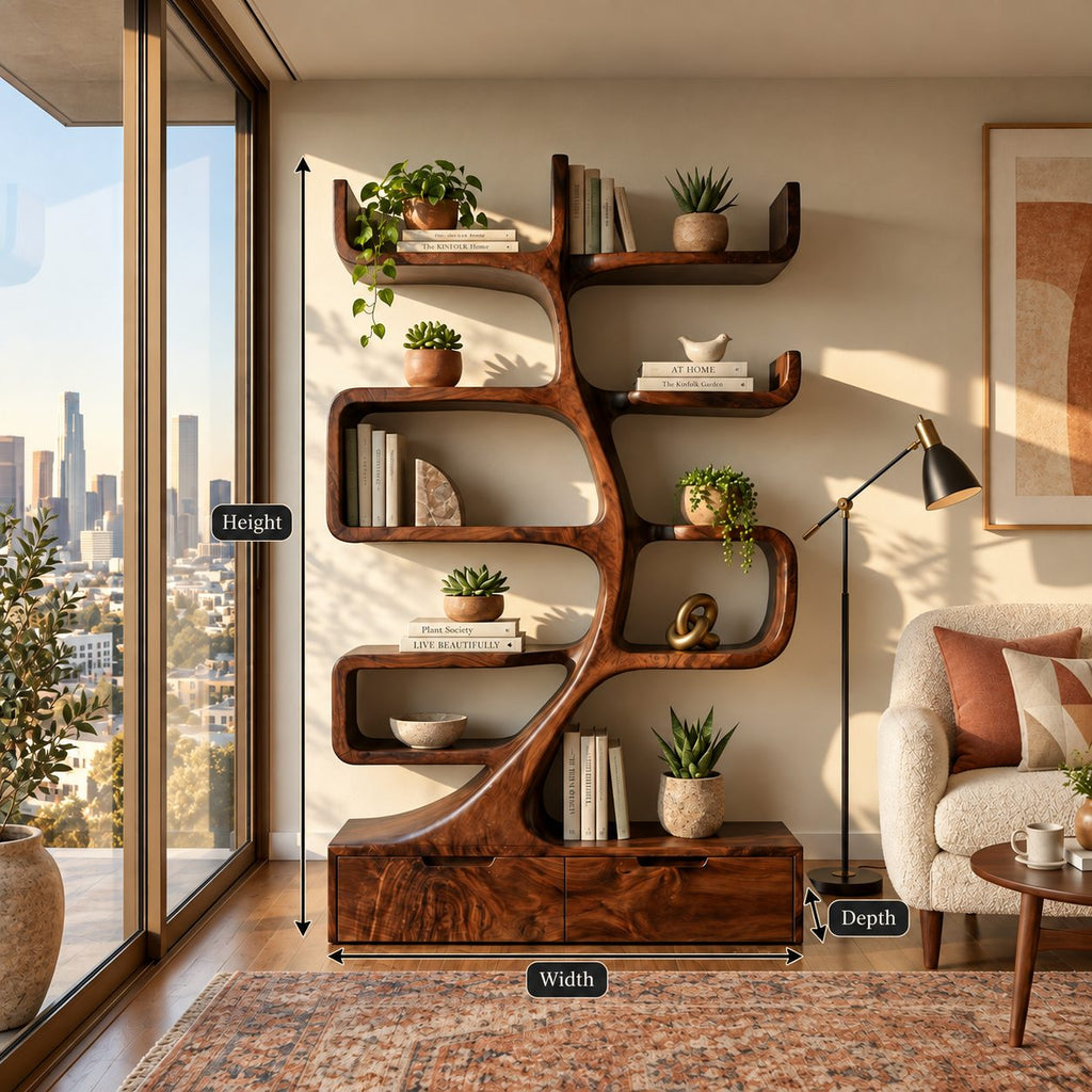Tree Bookshelf with Drawer Base, Curving Trunk Bookcase with Curled Shelves for Living Room