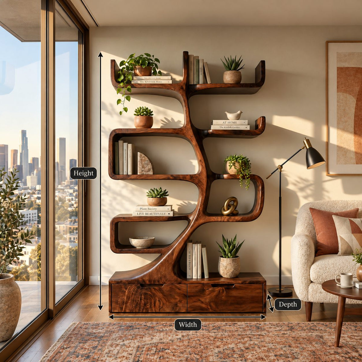 Tree Bookshelf with Drawer Base, Curving Trunk Bookcase with Curled Shelves for Living Room