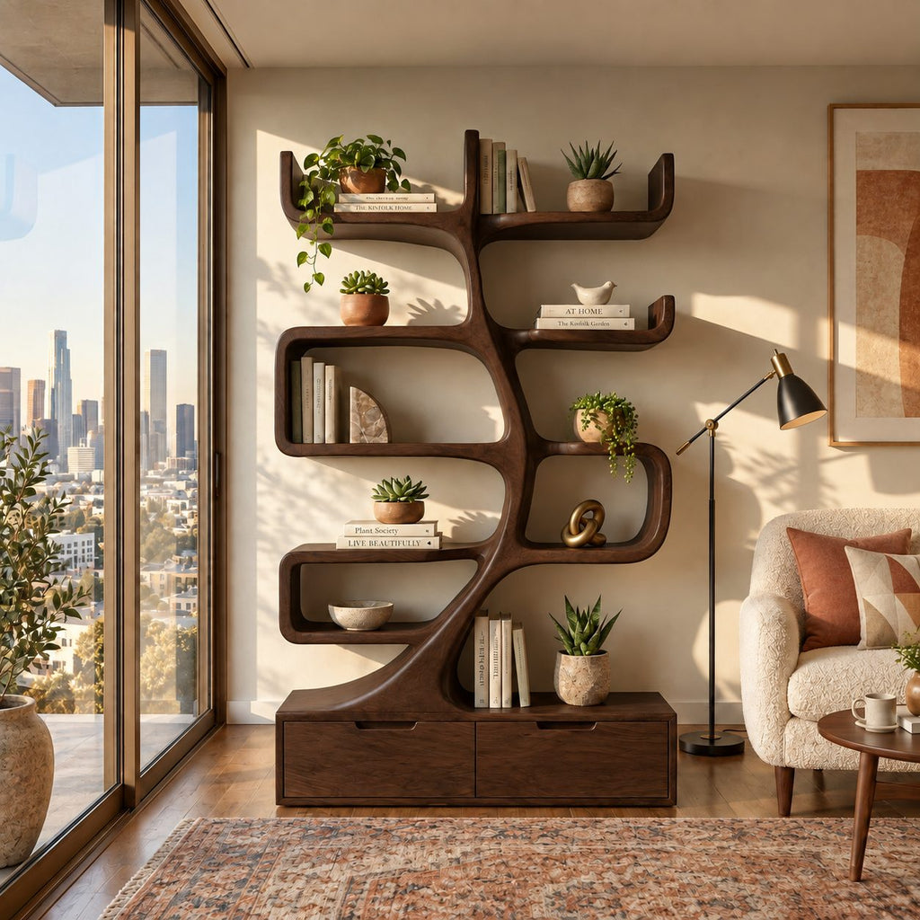 Tree Bookshelf with Drawer Base, Curving Trunk Bookcase with Curled Shelves for Living Room