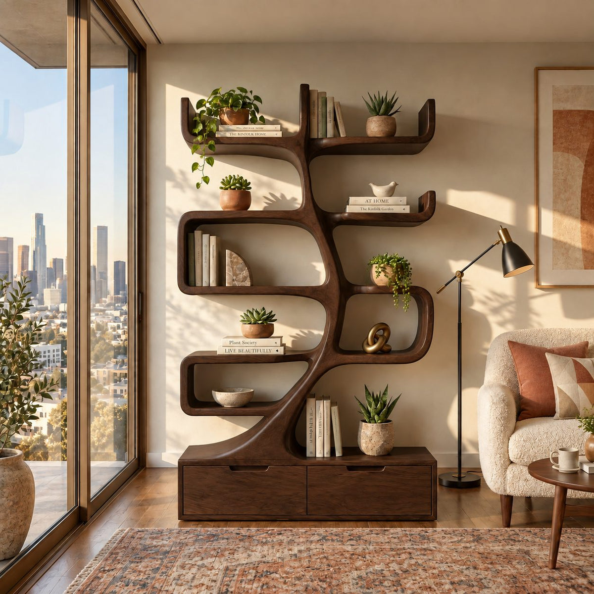 Tree Bookshelf with Drawer Base, Curving Trunk Bookcase with Curled Shelves for Living Room