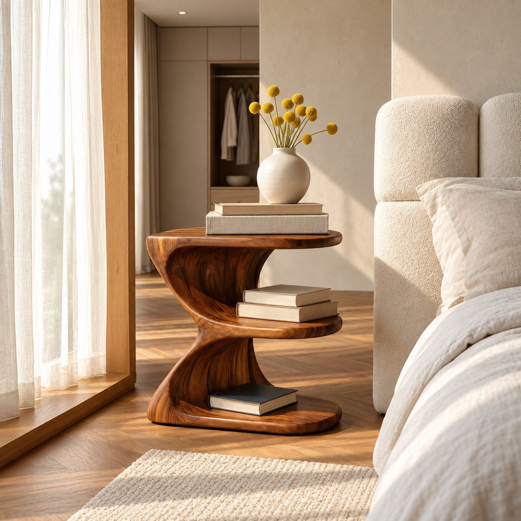 Ribbon Curve Nightstand with Open Shelves, E Shape Sculptural Solid Wood Bedside Table