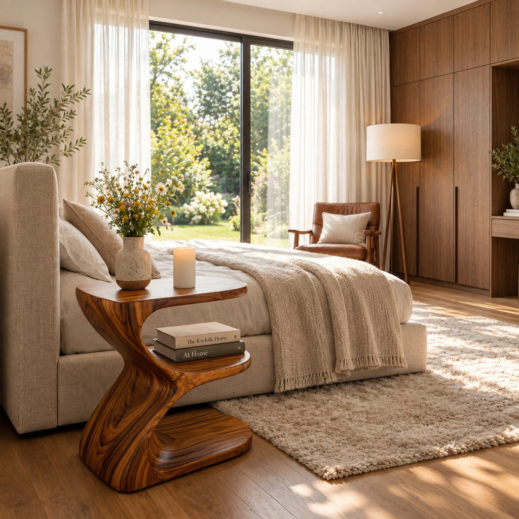 Ribbon Curve Nightstand with Open Shelves, E Shape Sculptural Solid Wood Bedside Table