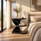 Ribbon Curve Nightstand with Open Shelves, E Shape Sculptural Solid Wood Bedside Table