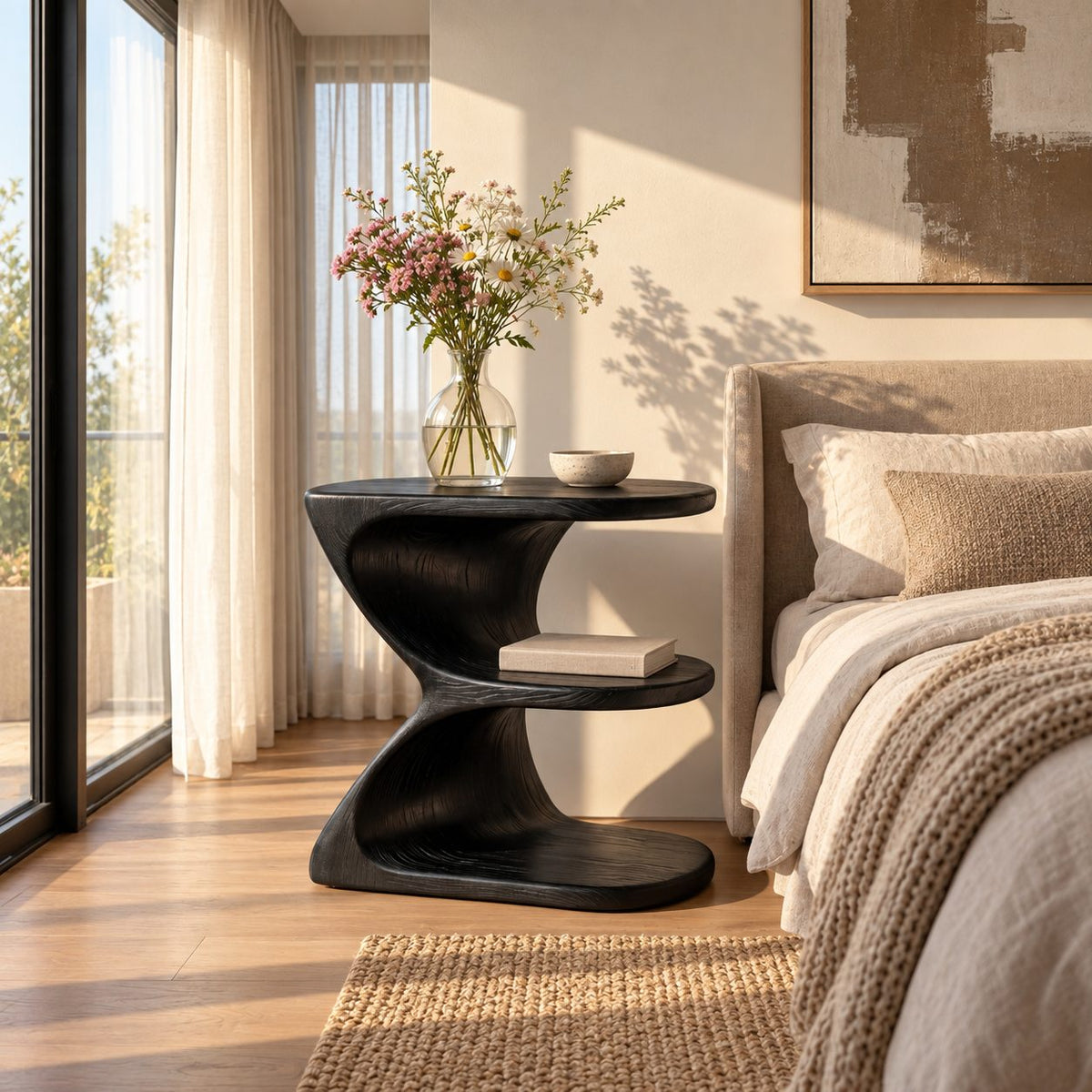 Ribbon Curve Nightstand with Open Shelves, E Shape Sculptural Solid Wood Bedside Table