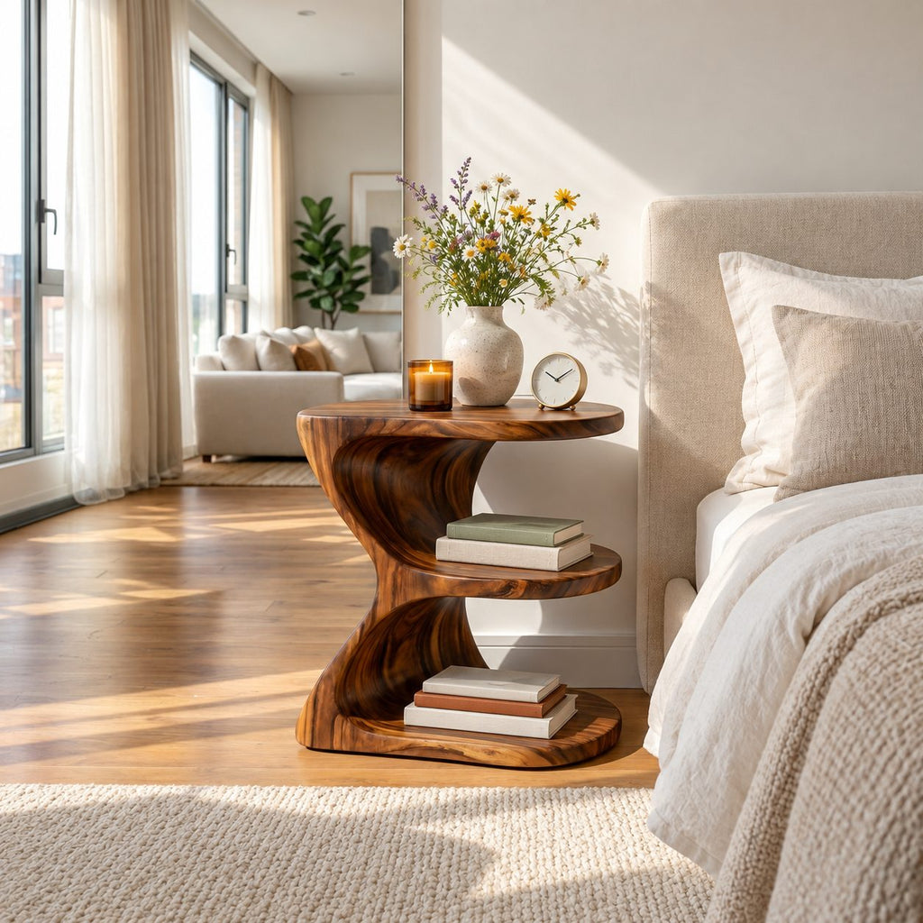 Ribbon Curve Nightstand with Open Shelves, E Shape Sculptural Solid Wood Bedside Table