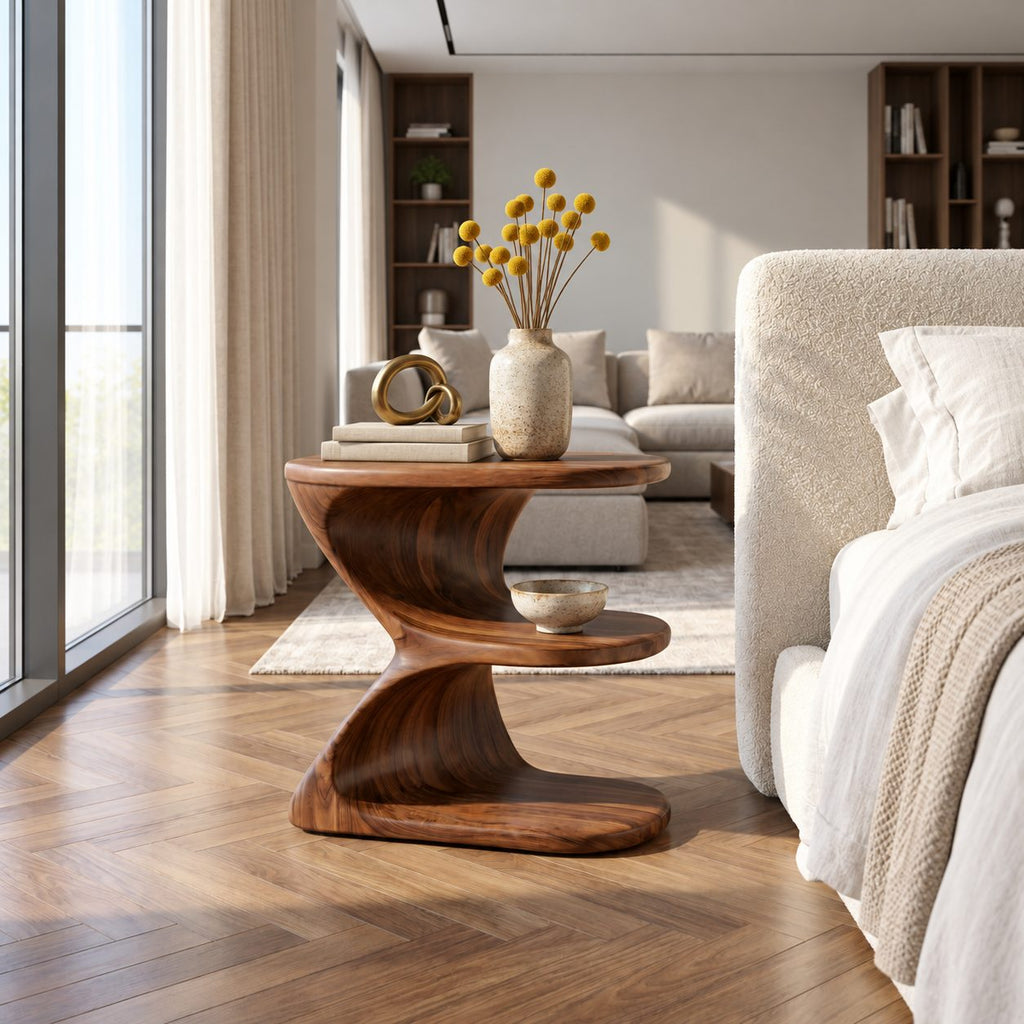 Ribbon Curve Nightstand with Open Shelves, E Shape Sculptural Solid Wood Bedside Table