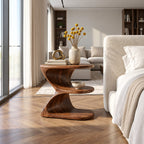 Ribbon Curve Nightstand with Open Shelves, E Shape Sculptural Solid Wood Bedside Table