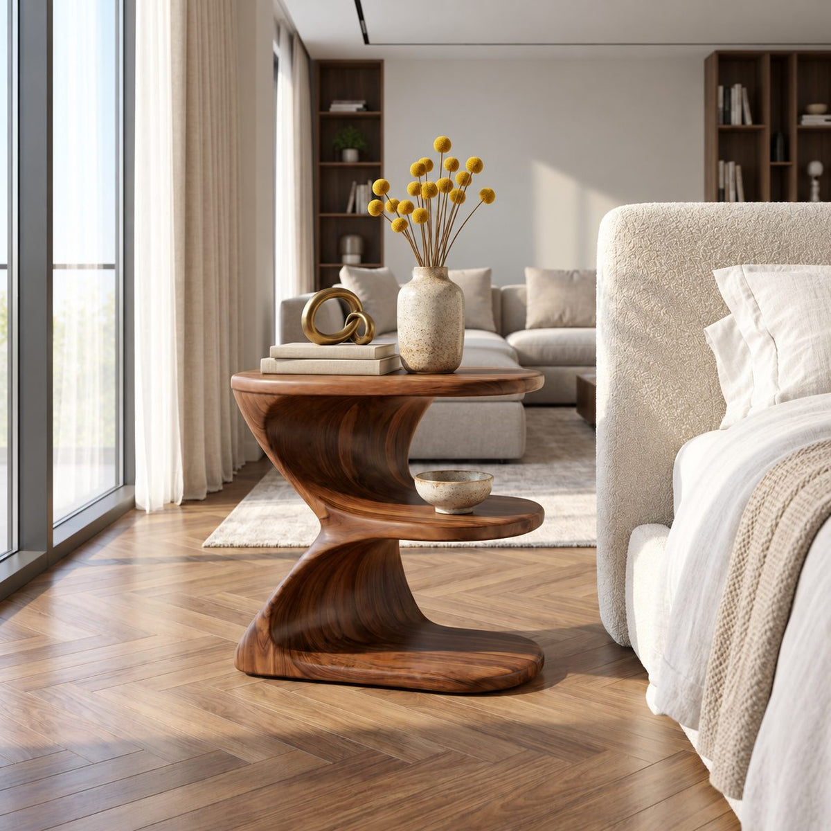 Ribbon Curve Nightstand with Open Shelves, E Shape Sculptural Solid Wood Bedside Table
