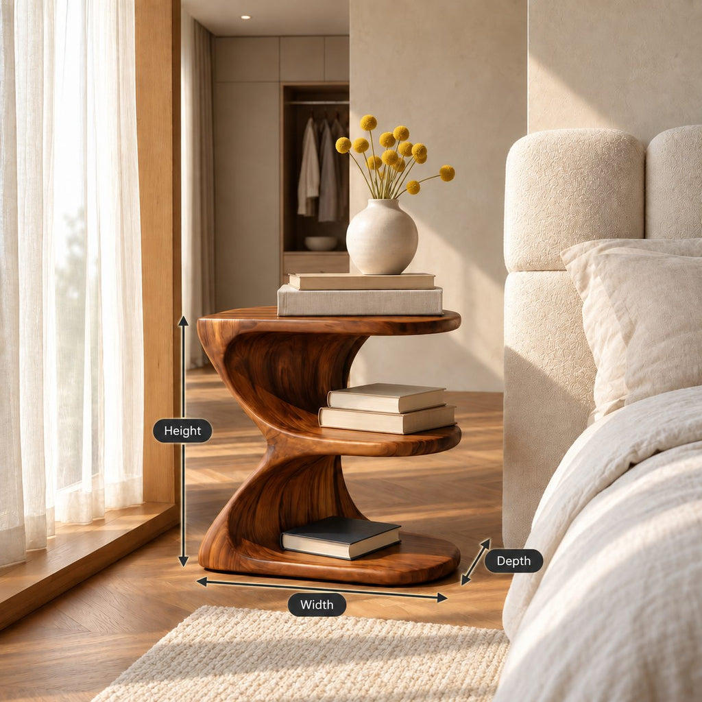Ribbon Curve Nightstand with Open Shelves, E Shape Sculptural Solid Wood Bedside Table