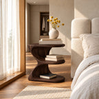 Ribbon Curve Nightstand with Open Shelves, E Shape Sculptural Solid Wood Bedside Table