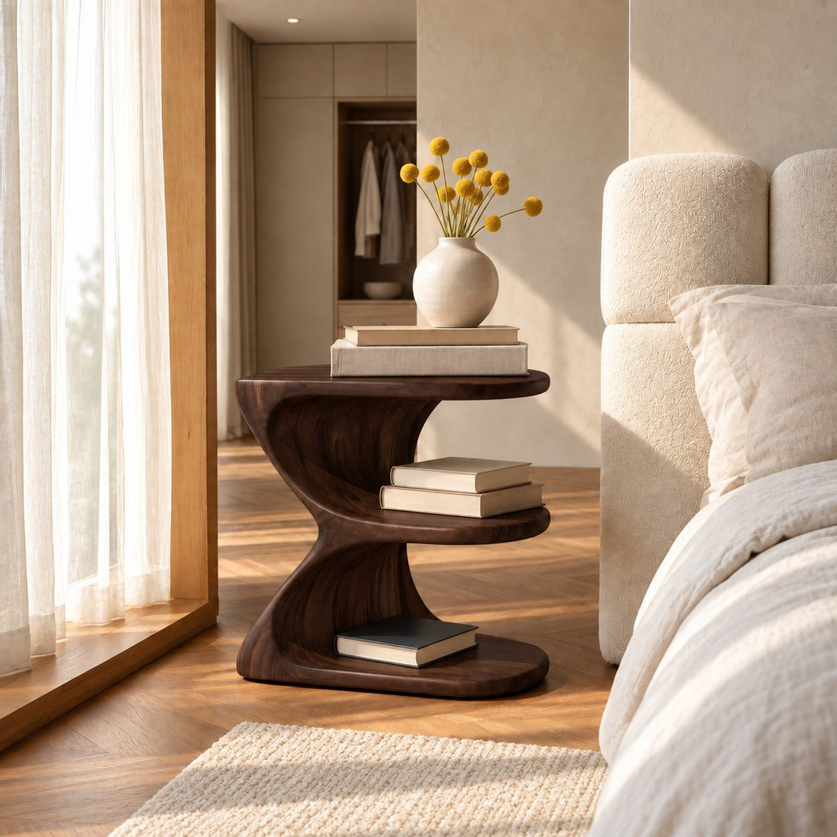 Ribbon Curve Nightstand with Open Shelves, E Shape Sculptural Solid Wood Bedside Table