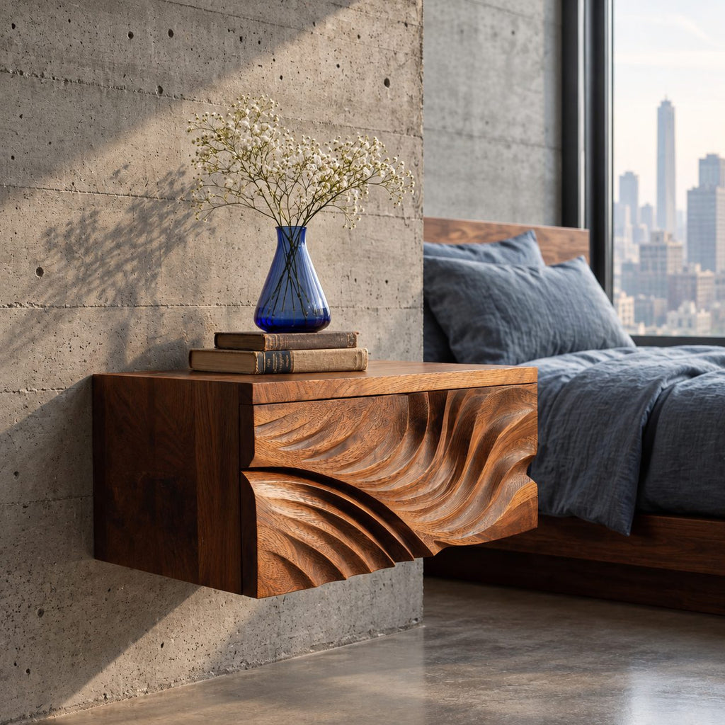 Carved Wave Front Floating Nightstand, Wall Mounted Solid Wood Bedside Box Shelf with Sculpted Relief