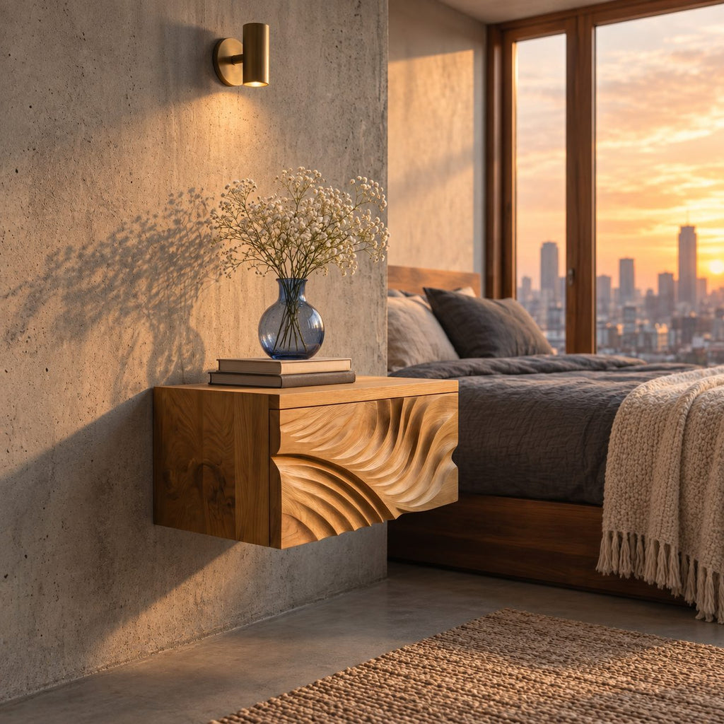 Carved Wave Front Floating Nightstand, Wall Mounted Solid Wood Bedside Box Shelf with Sculpted Relief