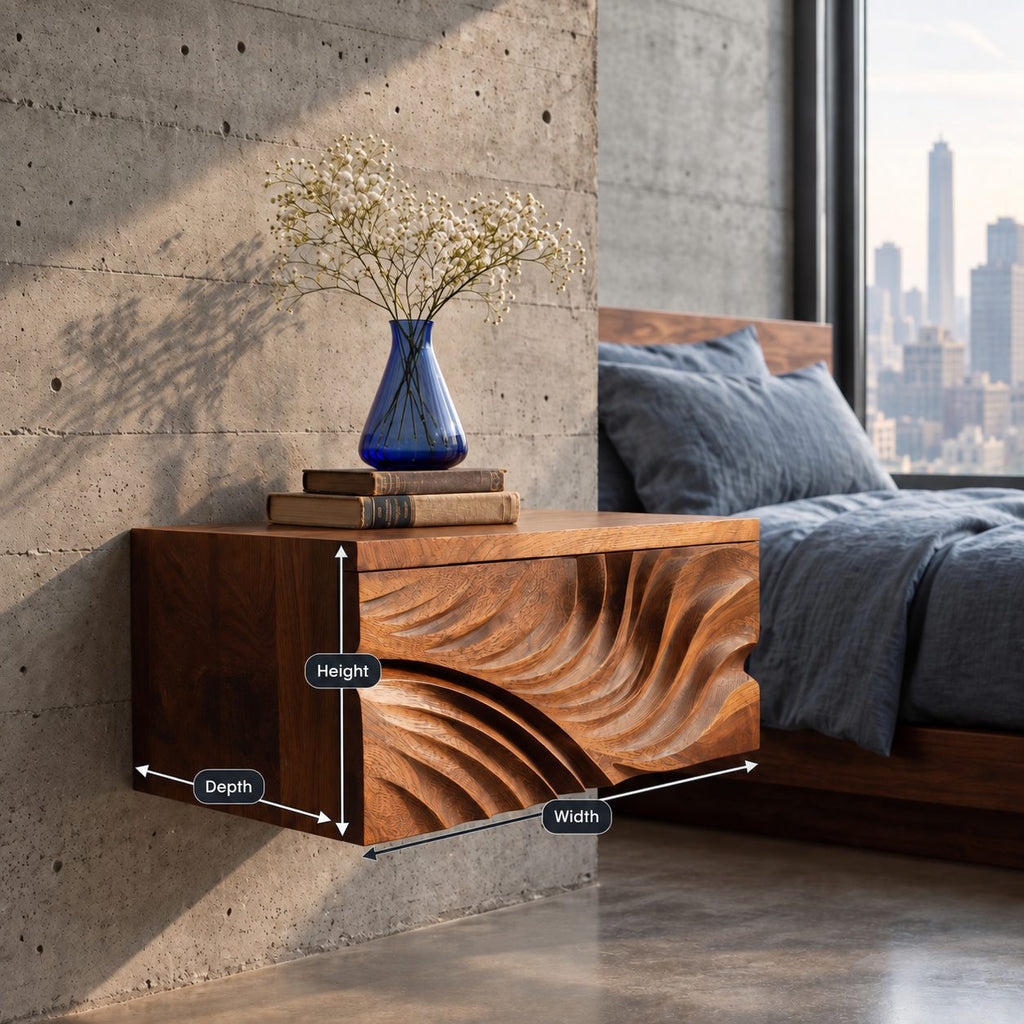 Carved Wave Front Floating Nightstand, Wall Mounted Solid Wood Bedside Box Shelf with Sculpted Relief