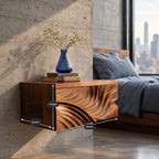 Carved Wave Front Floating Nightstand, Wall Mounted Solid Wood Bedside Box Shelf with Sculpted Relief