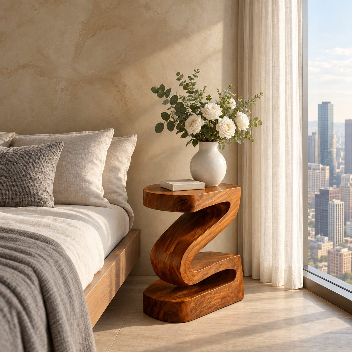 Z Shape Block Nightstand, Thick Folded Solid Wood Bedside Table with Open Storage Gaps