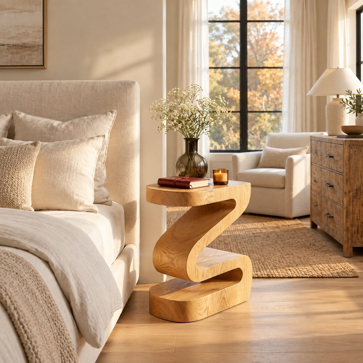 Z Shape Block Nightstand, Thick Folded Solid Wood Bedside Table with Open Storage Gaps