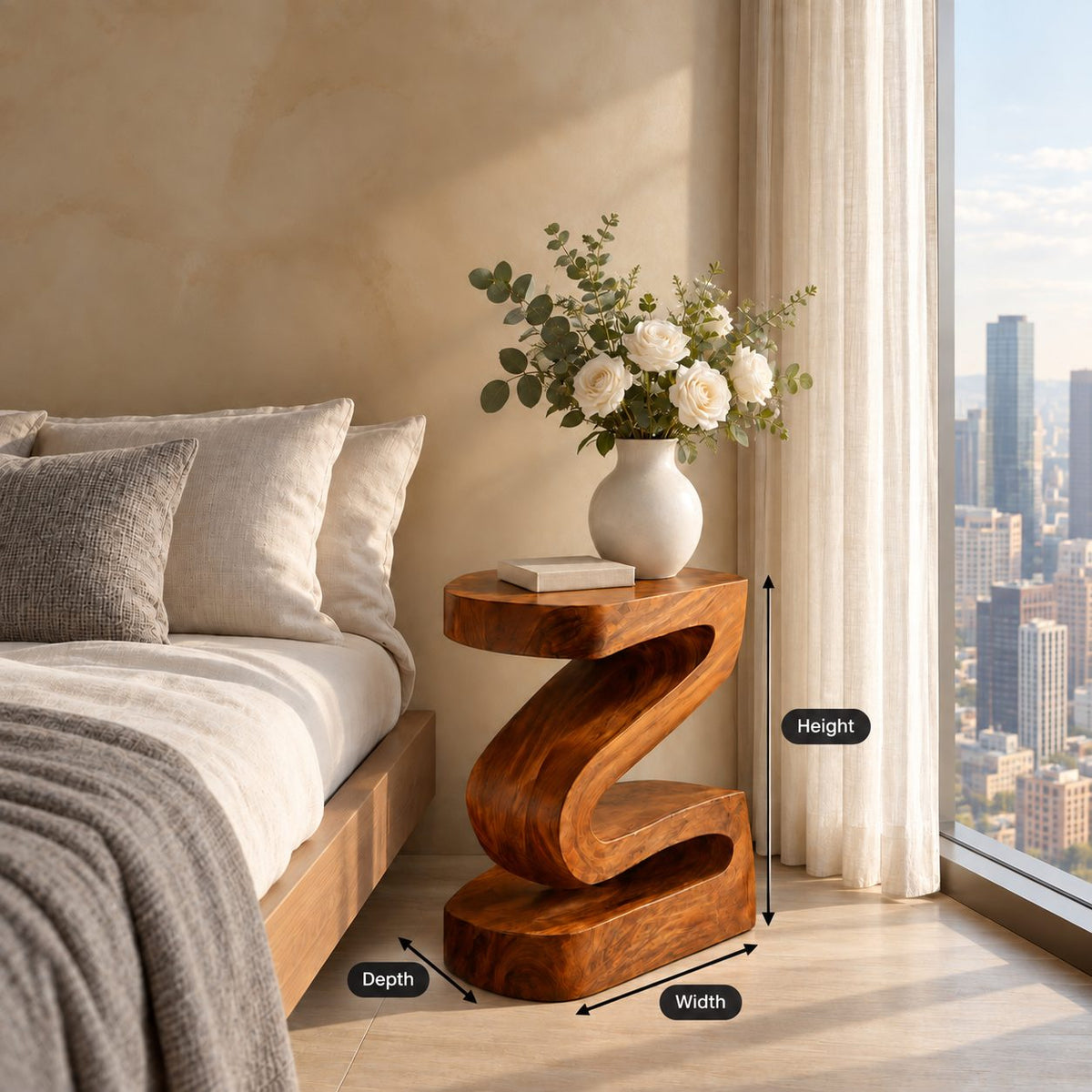 Z Shape Block Nightstand, Thick Folded Solid Wood Bedside Table with Open Storage Gaps