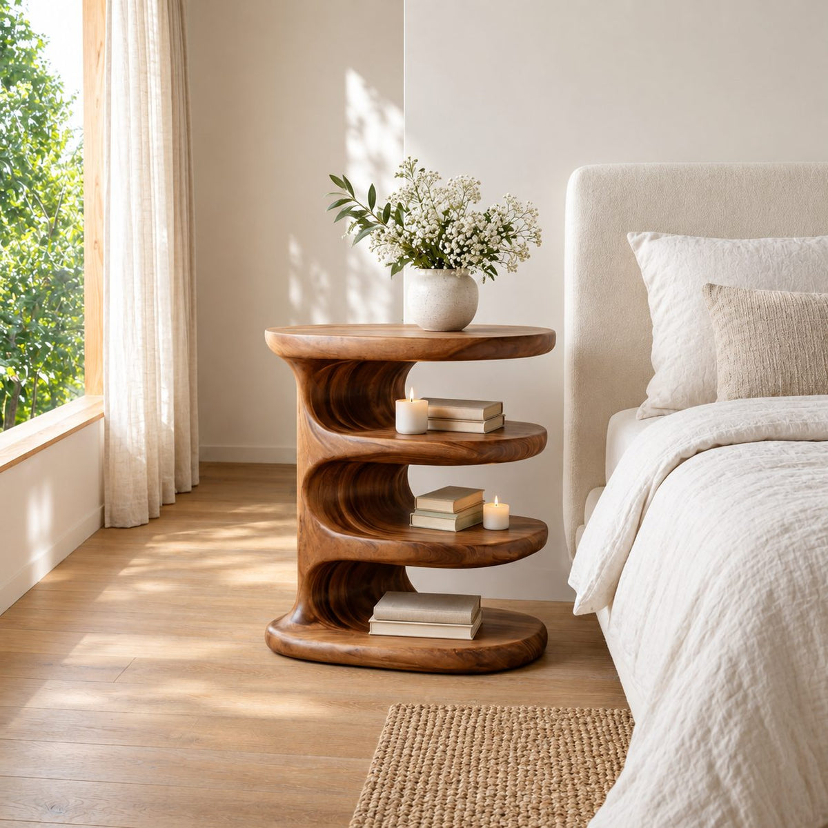 Spiral Tier Nightstand with Four Oval Shelves, Multi Layer Sculptural Solid Wood Bedside Table