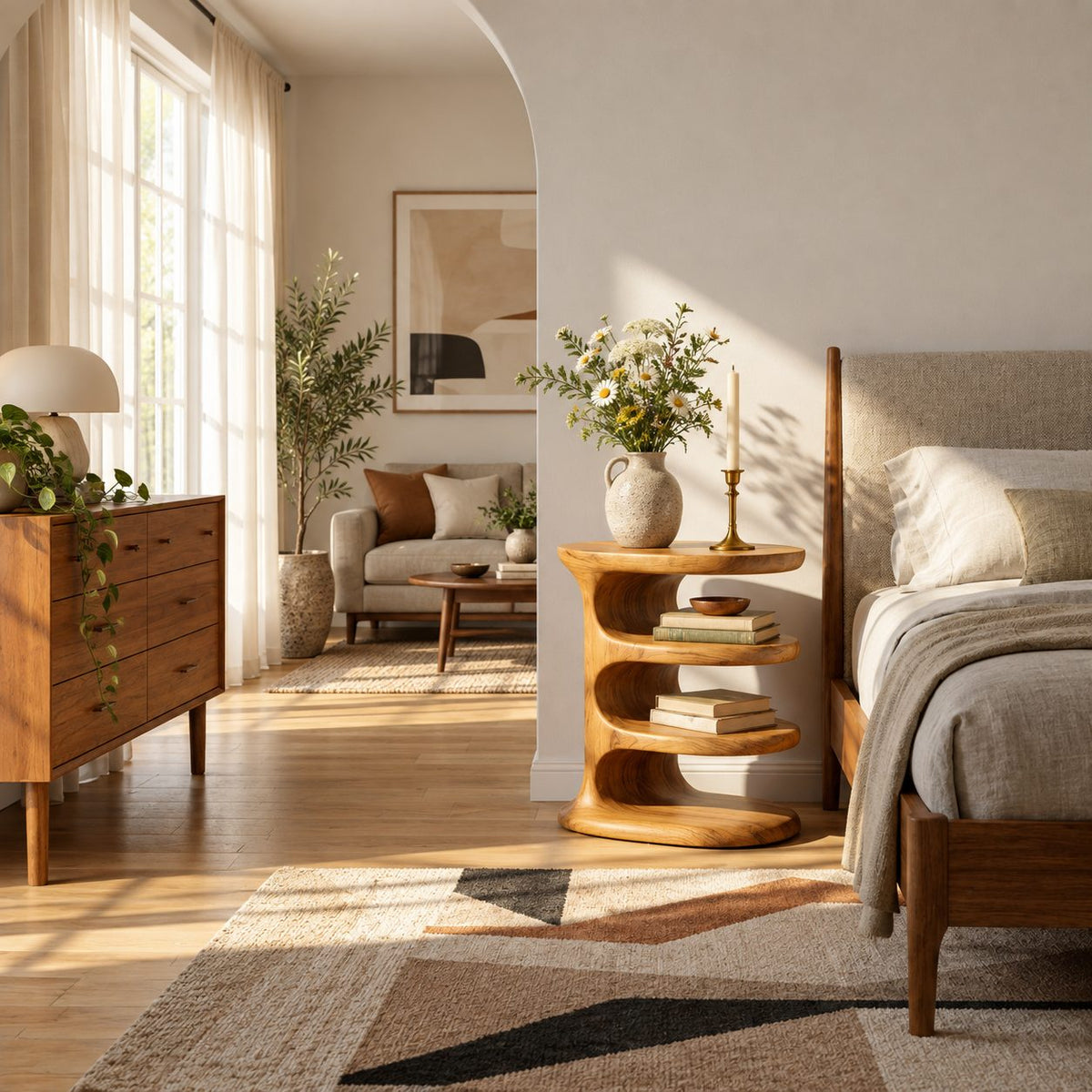 Spiral Tier Nightstand with Four Oval Shelves, Multi Layer Sculptural Solid Wood Bedside Table
