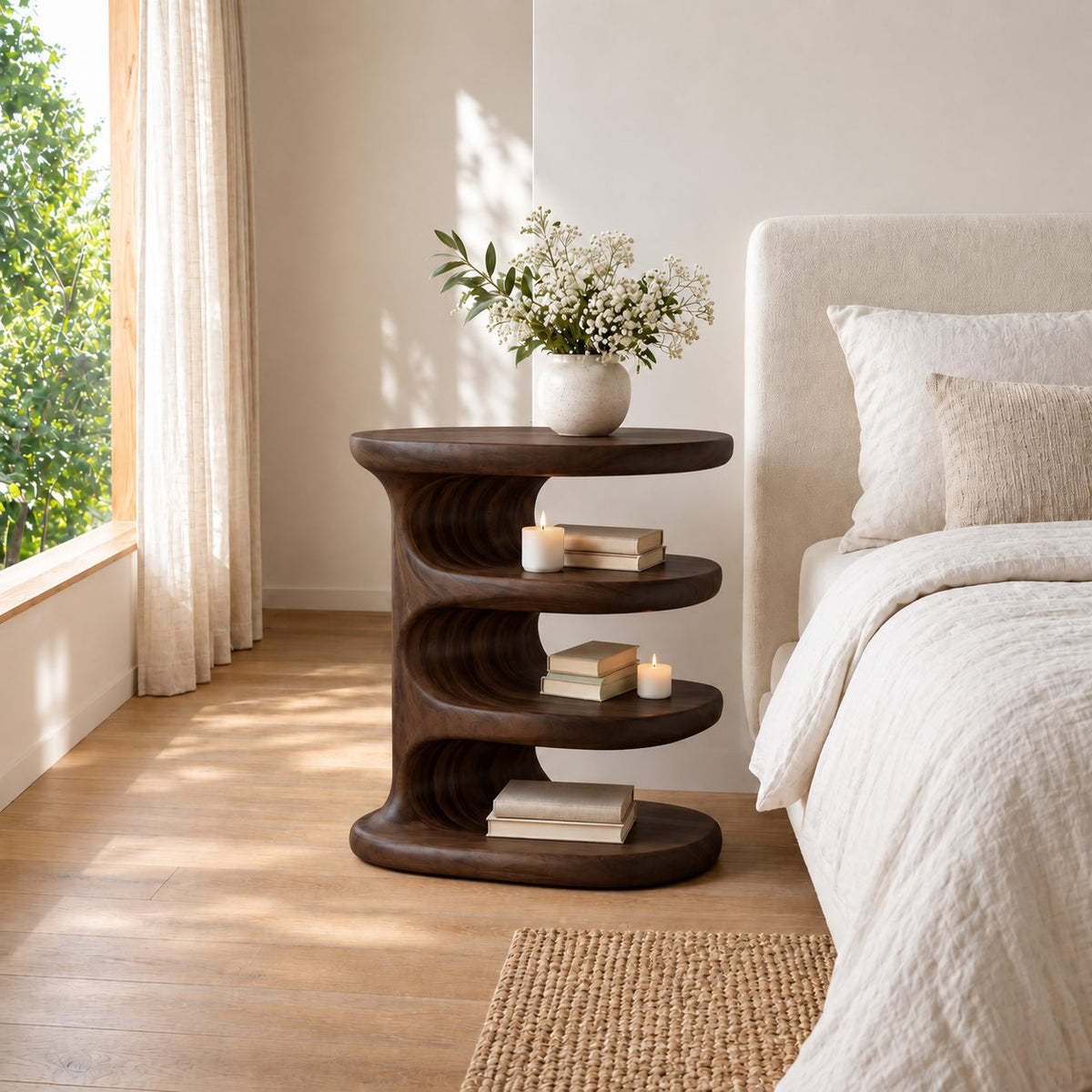 Spiral Tier Nightstand with Four Oval Shelves, Multi Layer Sculptural Solid Wood Bedside Table