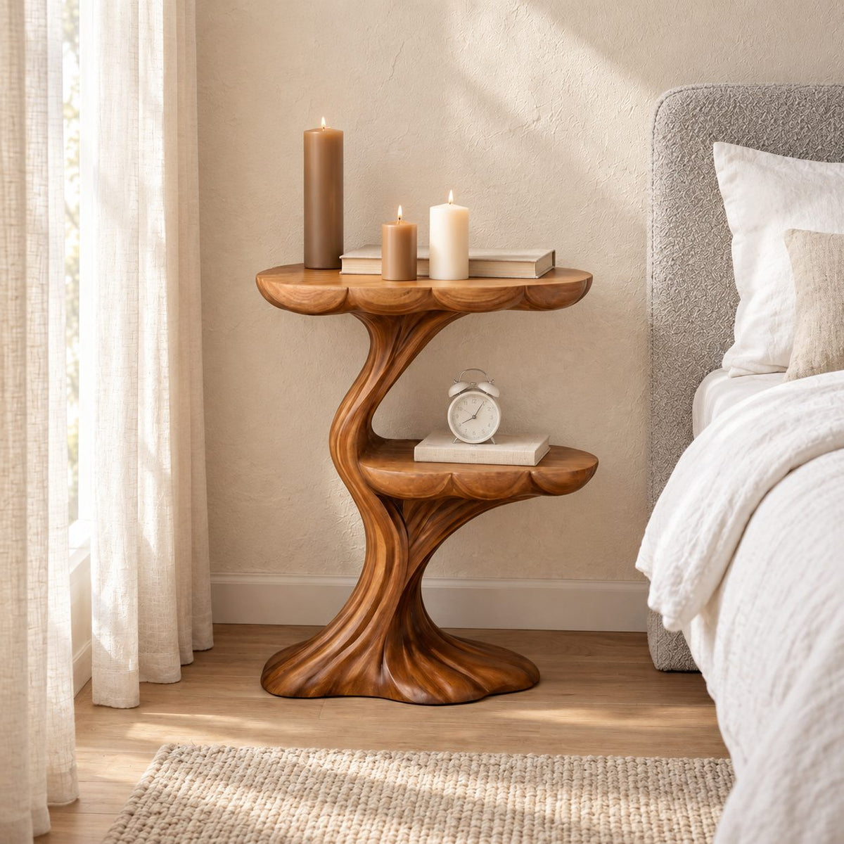 Branching Tree Nightstand with Two Cloud Edge Tiers, Carved Trunk Solid Wood Bedside Table