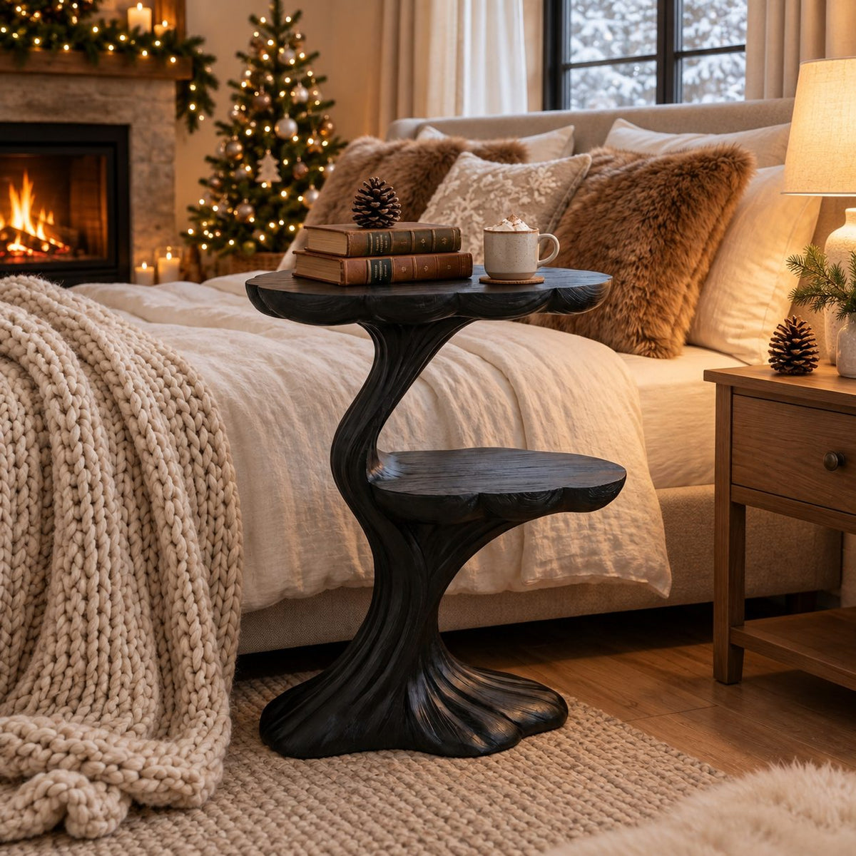 Branching Tree Nightstand with Two Cloud Edge Tiers, Carved Trunk Solid Wood Bedside Table