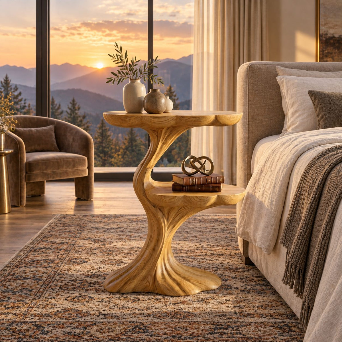 Branching Tree Nightstand with Two Cloud Edge Tiers, Carved Trunk Solid Wood Bedside Table