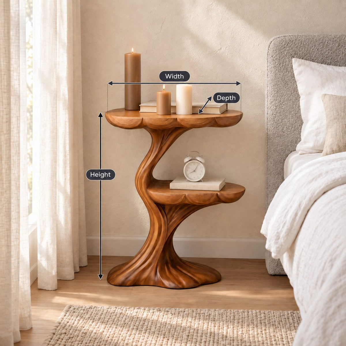 Branching Tree Nightstand with Two Cloud Edge Tiers, Carved Trunk Solid Wood Bedside Table