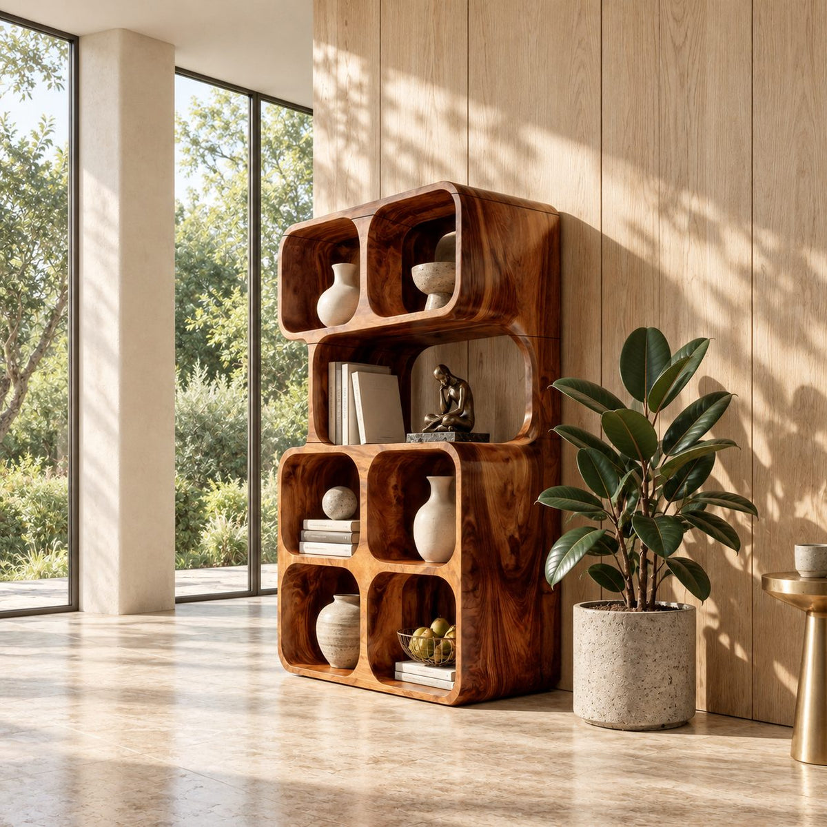 Stacked Cube Bookshelf with Rounded Cubbies, Modern Solid Wood Display Bookcase