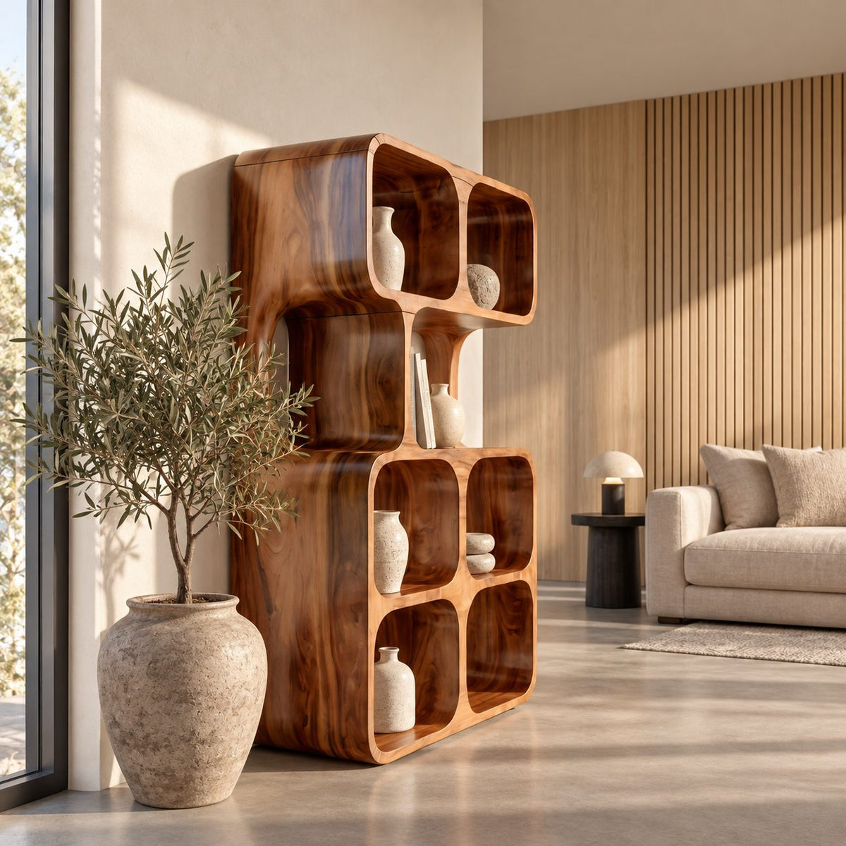 Stacked Cube Bookshelf with Rounded Cubbies, Modern Solid Wood Display Bookcase