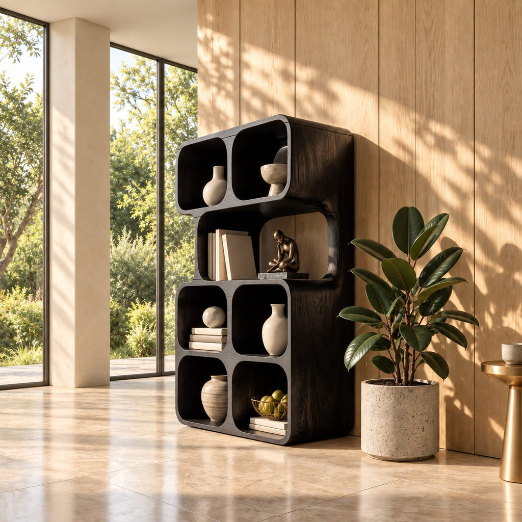 Stacked Cube Bookshelf with Rounded Cubbies, Modern Solid Wood Display Bookcase