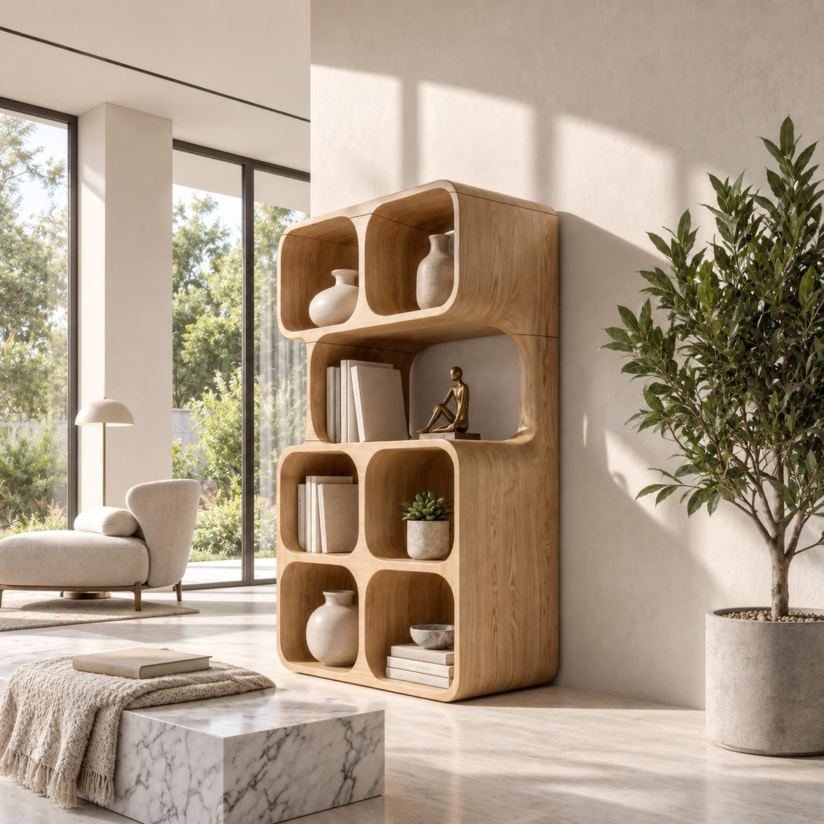 Stacked Cube Bookshelf with Rounded Cubbies, Modern Solid Wood Display Bookcase