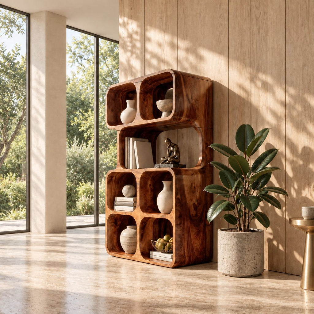 Stacked Cube Bookshelf with Rounded Cubbies, Modern Solid Wood Display Bookcase