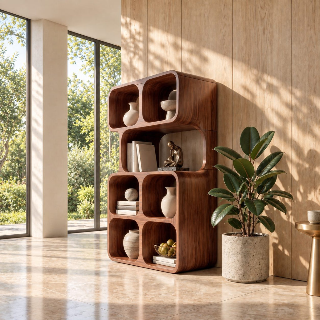 Stacked Cube Bookshelf with Rounded Cubbies, Modern Solid Wood Display Bookcase