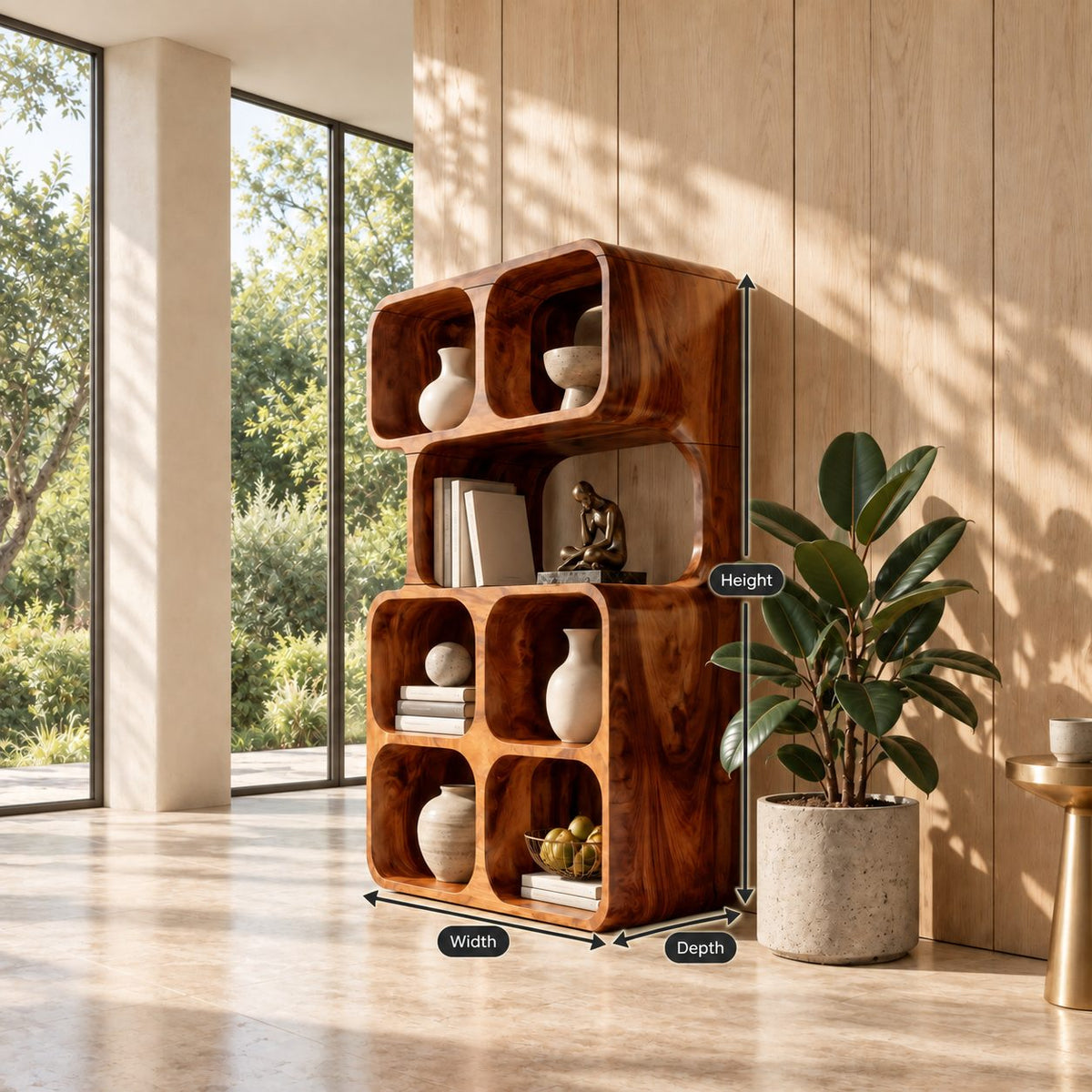Stacked Cube Bookshelf with Rounded Cubbies, Modern Solid Wood Display Bookcase