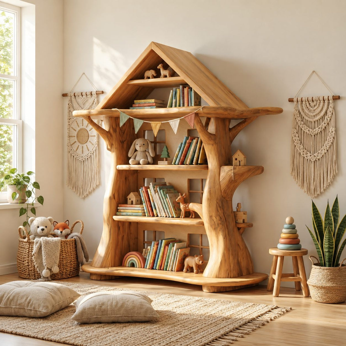 Montessori Tree House Bookshelf with Roof, Kids Room Carved Trunk Bookcase for Playroom