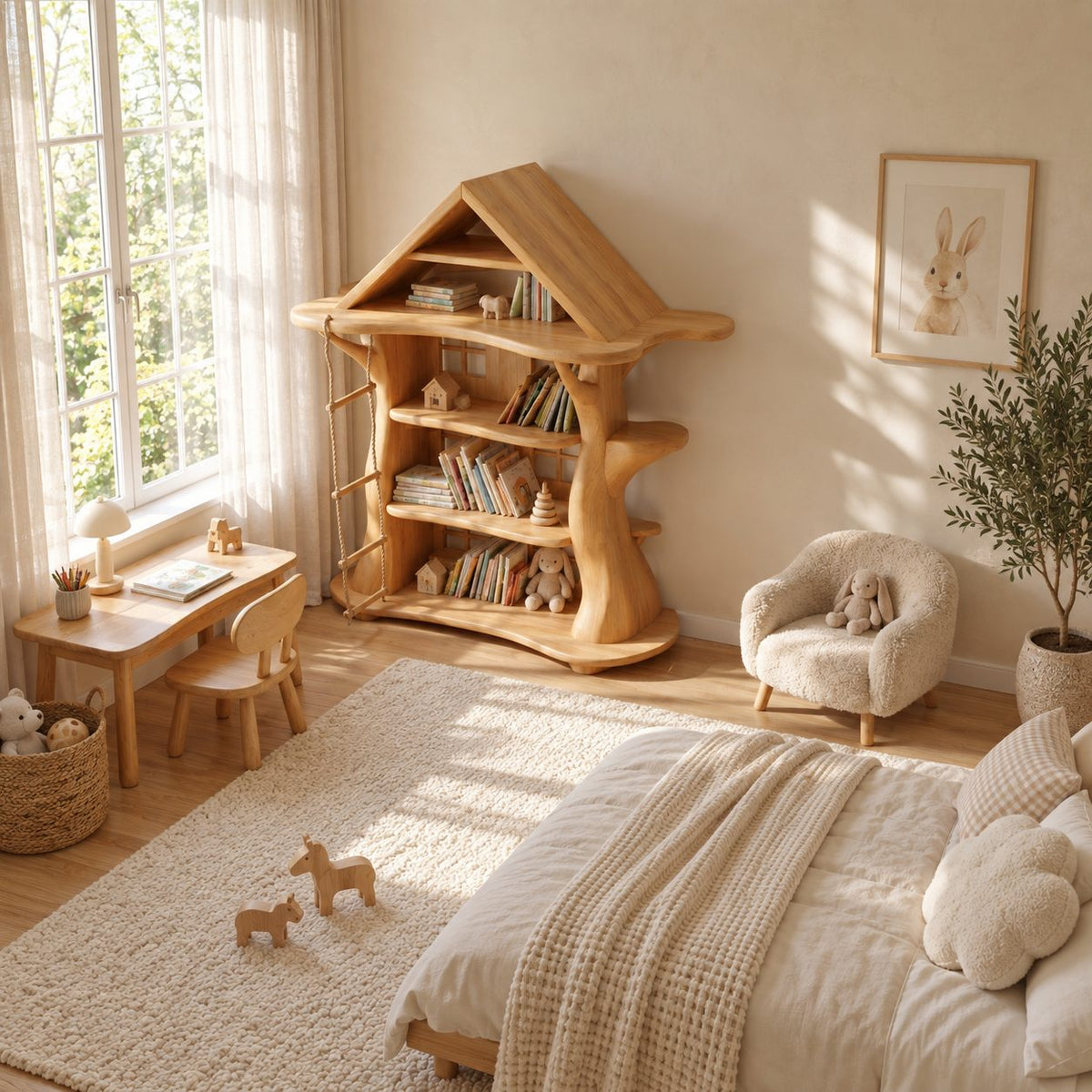 Montessori Tree House Bookshelf with Roof, Kids Room Carved Trunk Bookcase for Playroom