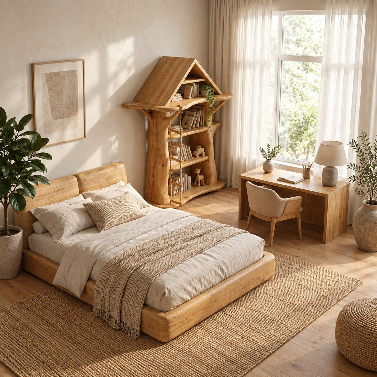Montessori Tree House Bookshelf with Roof, Kids Room Carved Trunk Bookcase for Playroom