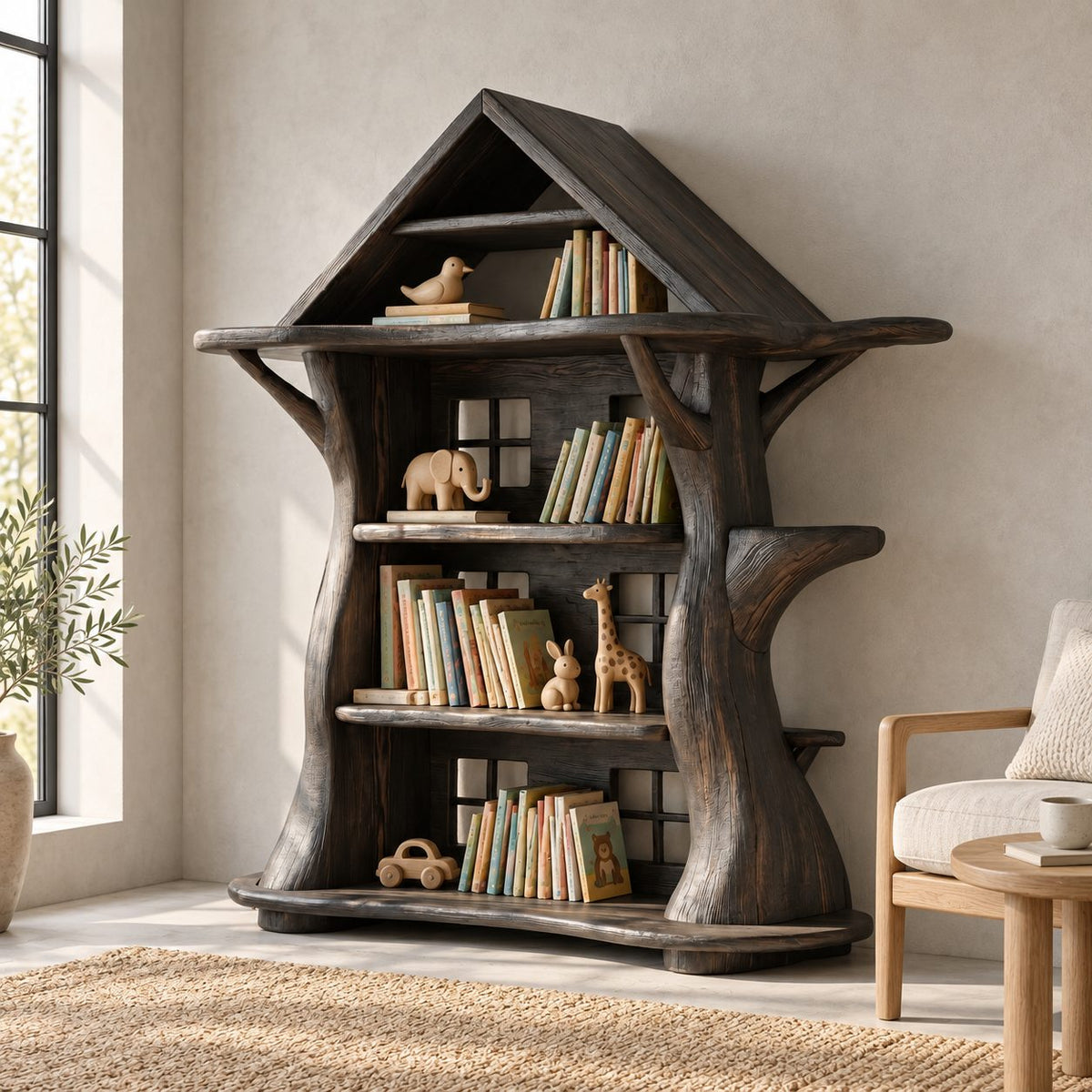 Montessori Tree House Bookshelf with Roof, Kids Room Carved Trunk Bookcase for Playroom