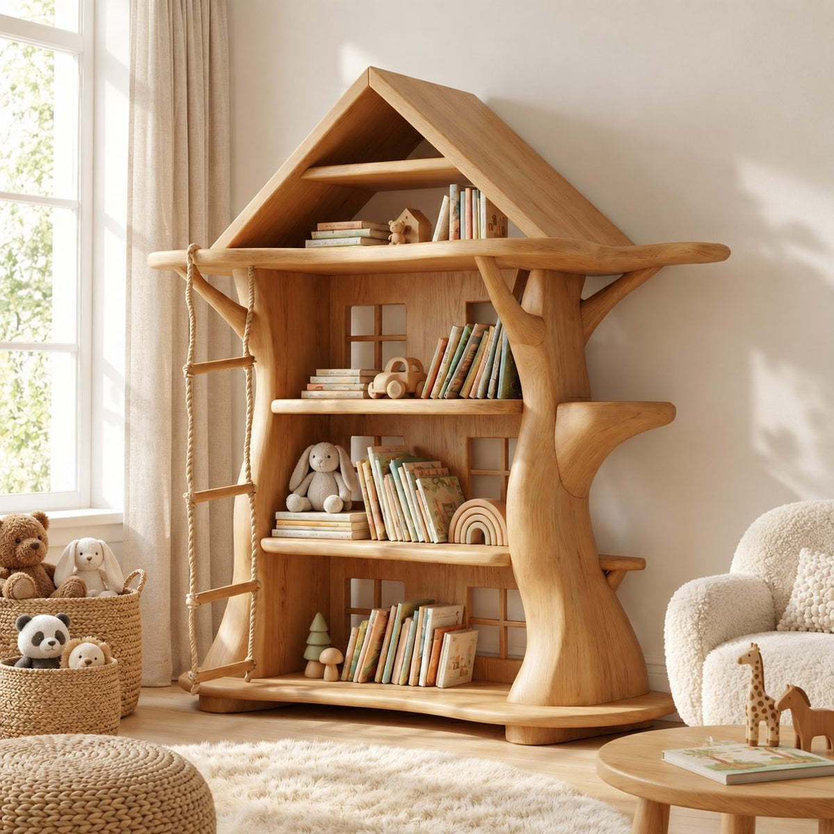 Montessori Tree House Bookshelf with Roof, Kids Room Carved Trunk Bookcase for Playroom