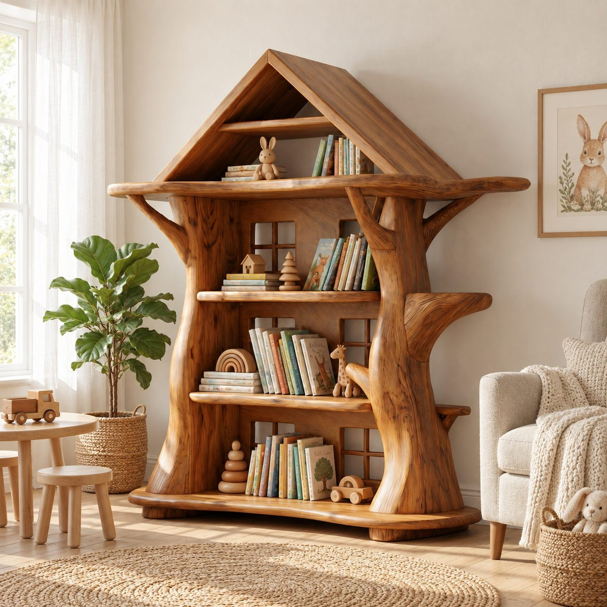 Montessori Tree House Bookshelf with Roof, Kids Room Carved Trunk Bookcase for Playroom