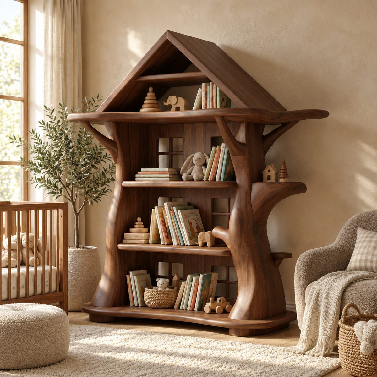 Montessori Tree House Bookshelf with Roof, Kids Room Carved Trunk Bookcase for Playroom