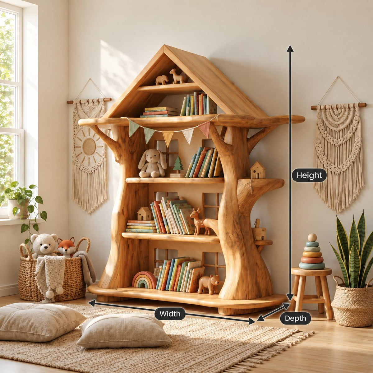 Montessori Tree House Bookshelf with Roof, Kids Room Carved Trunk Bookcase for Playroom