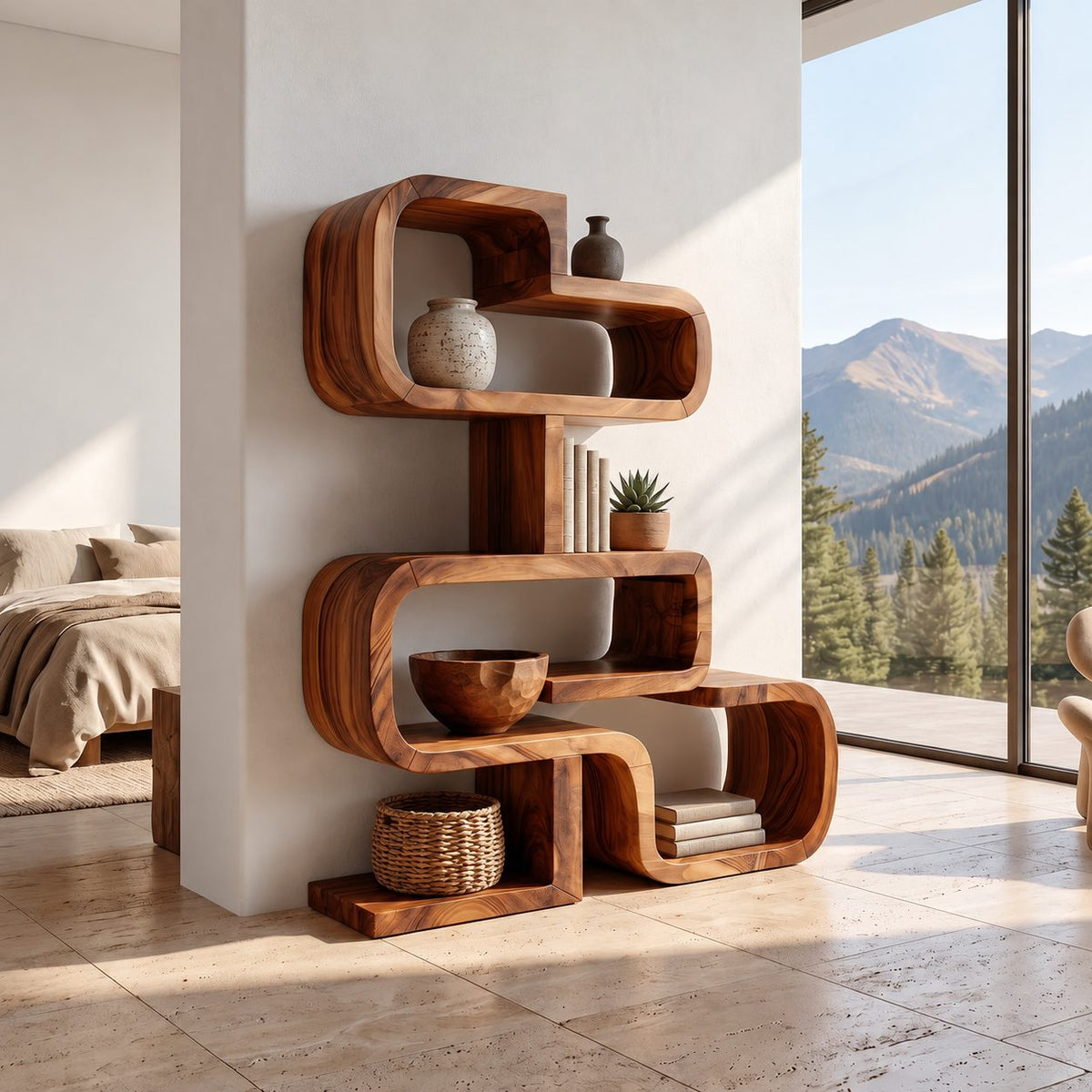 Zigzag Stacked Bookshelf with Rounded Bent Wood Frames, Sculptural Solid Wood Display Shelf